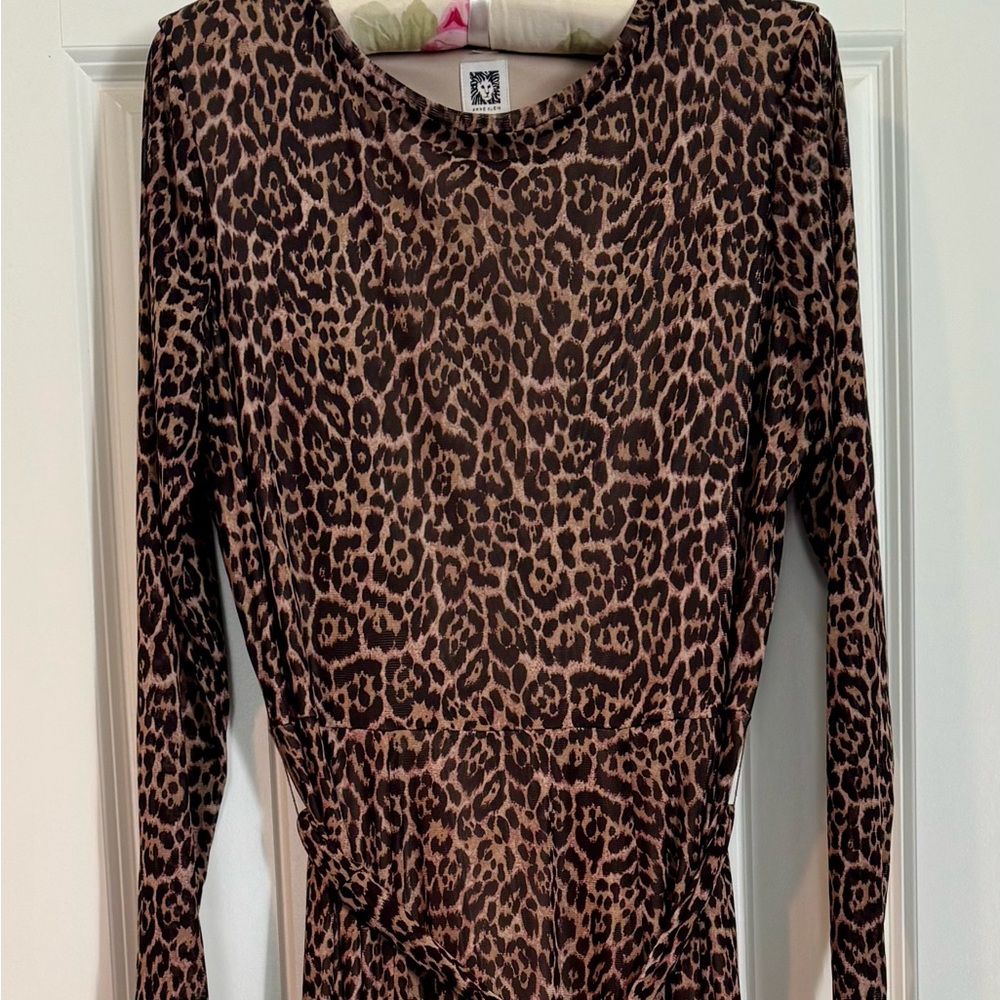 ANN KLEIN Belted Long-Sleeve Leopard-Print Midi Dress, XL